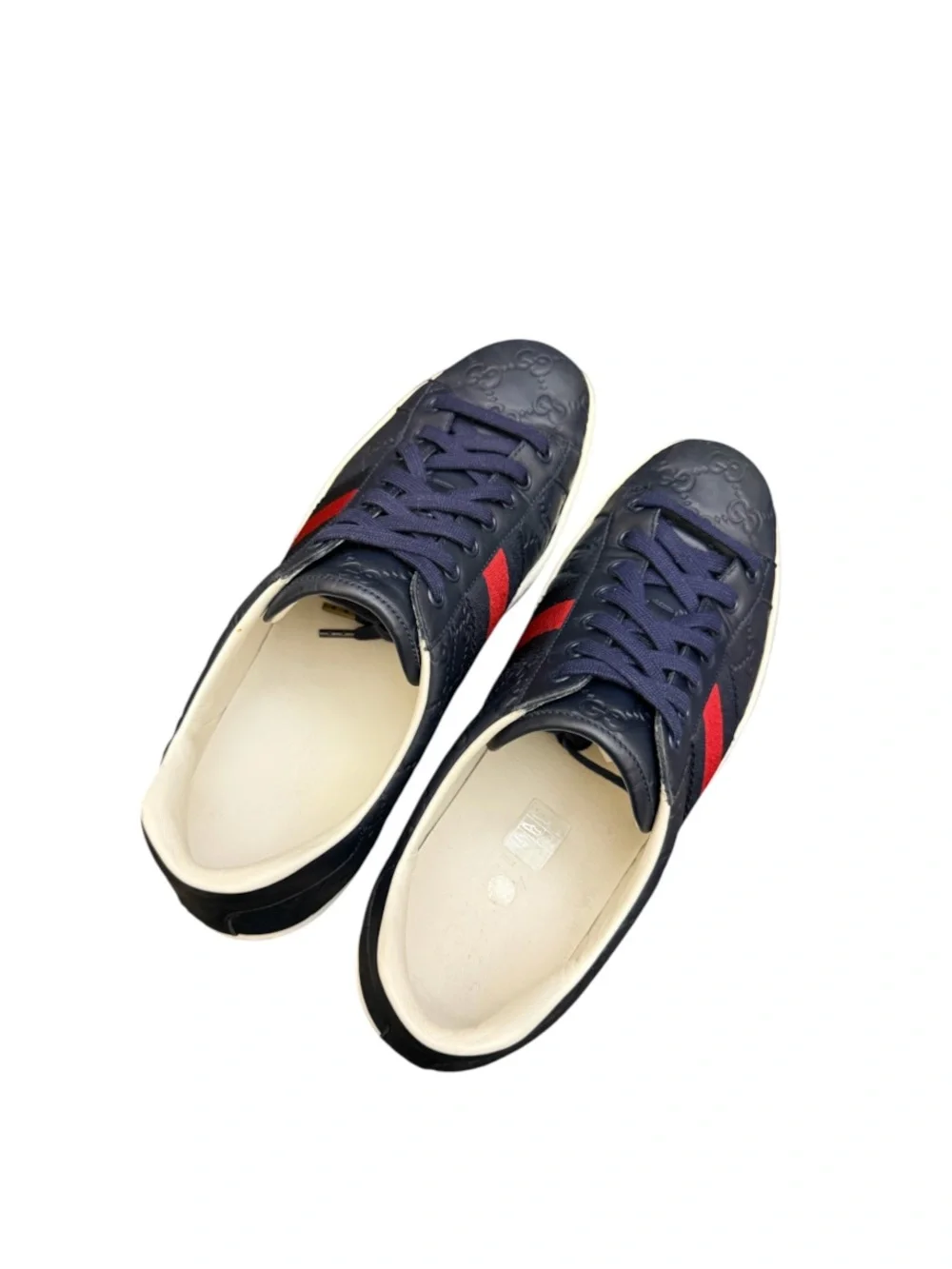GUCCI - NAVY BLUE ALL LEATHER EMBOSSED MONOGRAM “ACE GG SUPREME” SNEAKERS